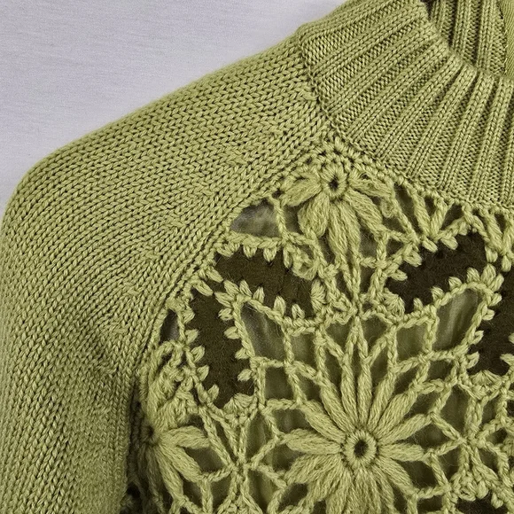 Vintage Suede Wool Crochet Mock Neck Sweater Floral Embroidered - Picture 6 of 12